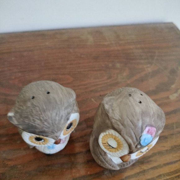 Owl With Flowers Salt Pepper Shakers Cartoon Animated Porcelain Bisque 2.75" - Picture 4 of 6
